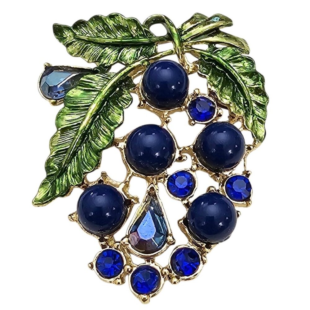 Blue Rhinestone Berry Leaf Brooch 1940-50 New Old Stock Pin
